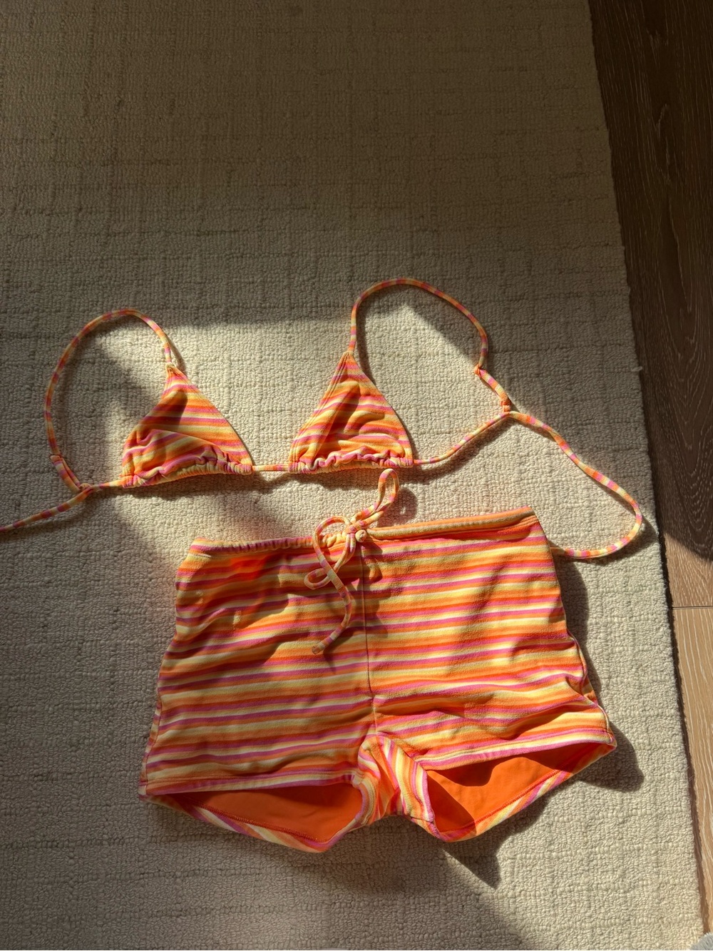 Orange Striped Bikini Set with Swim Shorts